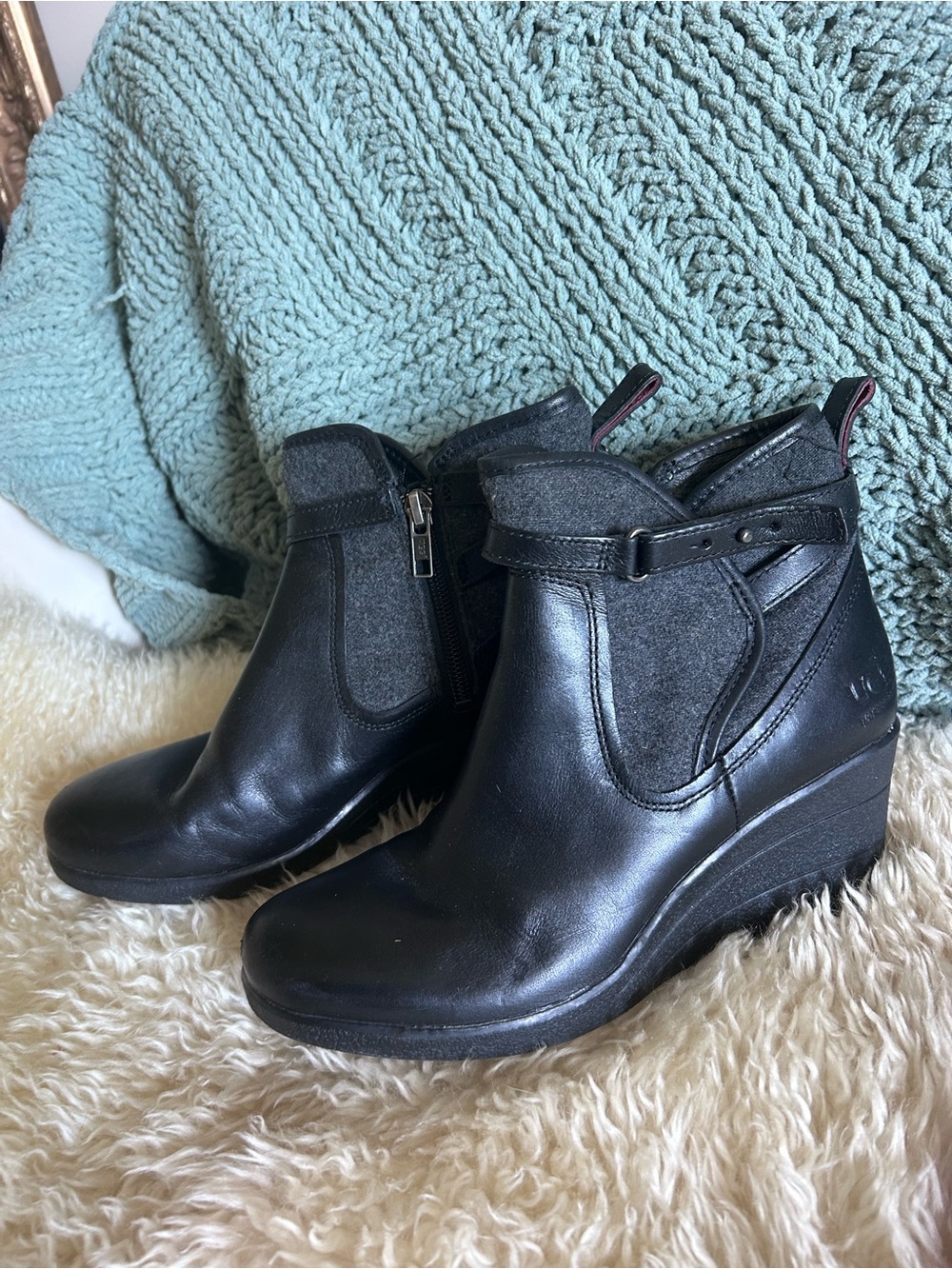 UGG Women’s Black Wedge Ankle Boots - Sleek Leather & Wool